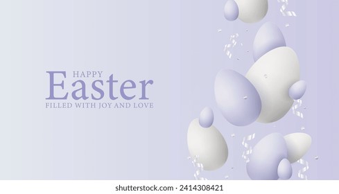 Стоковое векторное изображение: Happy easter. Delicate lilac card with white and purple Easter eggs and silver confetti