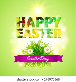 Happy Easter design background. Bright colors, the shining sun, grass with daisy flowers. Vector illustration.