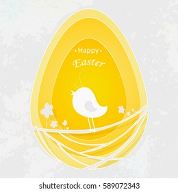 Happy Easter Design Background With Frame Easter Egg, Flowers, Cartoon Chicken. Vector Illustration. Design For Greeting Card, Poster, Flyer. 