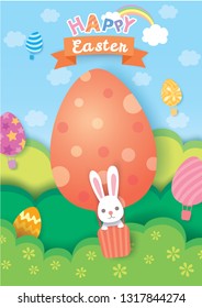 Happy Easter design with balloons painted eggs colorful on nature background.