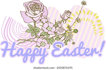 Happy Easter design for banners, greeting cards, posters, holiday covers. Trendy design with typography, hand painted plants, dots, eggs in pastel colors.