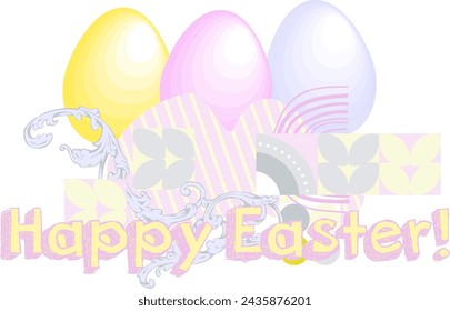 Happy Easter design for banners, greeting cards, posters, holiday covers. Trendy design with typography, hand painted plants, dots, eggs in pastel colors.