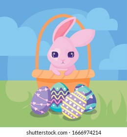 happy easter design of basket with cartoon rabbit and easter eggs over landscape background, colorful design, vector illustration
