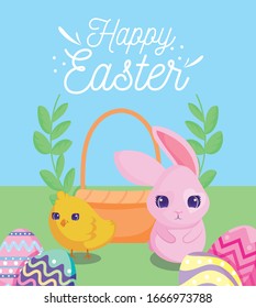 happy easter design of basket with cute rabbit and chicken over landscape background, colorful design, vector illustration