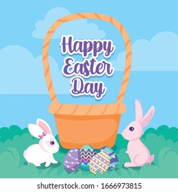 happy easter design of basket, cute rabbits and easter eggs over landscape background, colorful design, vector illustration