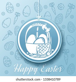 Happy Easter. Easter design. Basket with Easter eggs on a blue background. Vector illustration