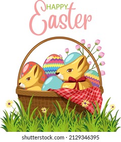 Happy Easter design with basket of eggs illustration
