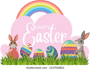 Happy Easter design with bunnies and eggs illustration