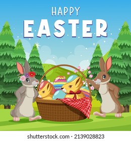 Happy Easter design with bunnies and eggs illustration
