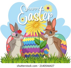Happy Easter design with bunnies and eggs illustration