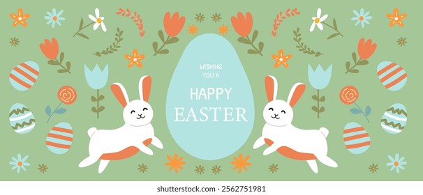 Happy easter design with bunnies, eggs, and flowers on green background.