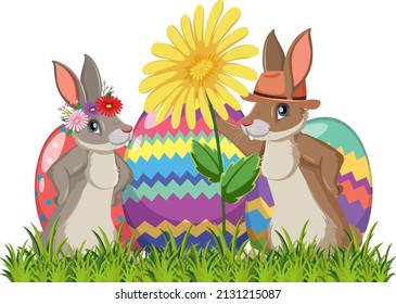 Happy Easter design with bunnies and flower illustration