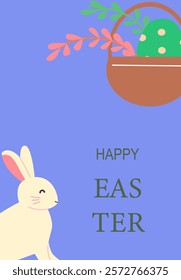 Happy easter design with bunny and decorated egg basket for festive celebrations.