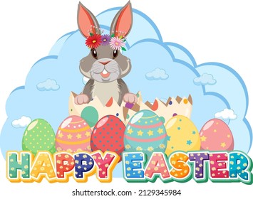 Happy Easter design with bunny and eggs illustration
