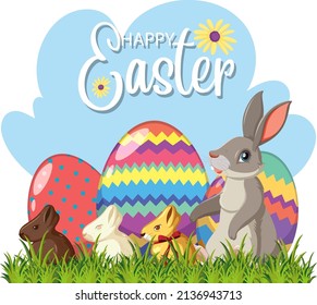 Happy Easter design with easter bunny and eggs illustration