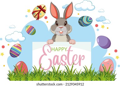 Happy Easter design with bunny in garden illustration
