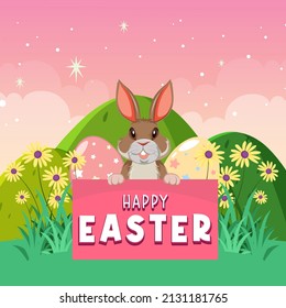 Happy Easter design with bunny in the garden illustration