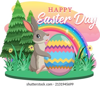 Happy Easter design with bunny in garden illustration