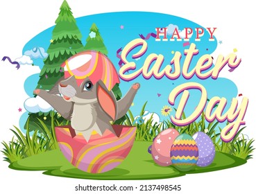 Happy Easter design with bunny in garden illustration