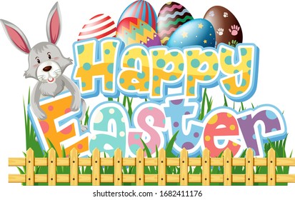 Happy Easter design with bunny and painted eggs in garden illustration