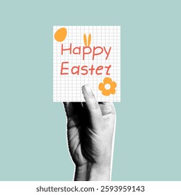 Happy Easter design card with a hand in a collage style holding a paper with a inscription. 
