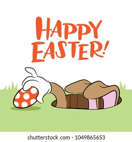 Happy Easter design with cartoon Easter bunny delivering an egg through a hole in the ground. EPS10 vector illustration.