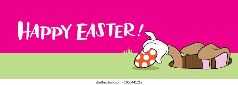Happy Easter design with cartoon Easter bunny delivering an Easter egg through a hole in the ground. EPS10 vector illustration.