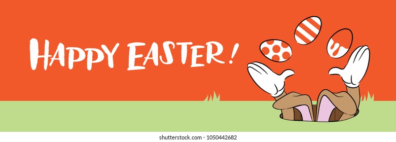 Happy Easter design with cartoon Easter bunny juggling decorated Easter eggs through a hole in the ground. EPS10 vector illustration.