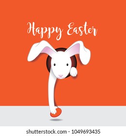 Happy Easter design with cartoon Easter rabbit delivering an egg through a hole in the page. EPS10 vector illustration.