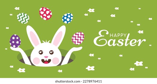 Happy Easter, Easter design with a cartoon white Easter bunny juggling colorful decorated Easter eggs through a hole in the ground. Vector illustration.