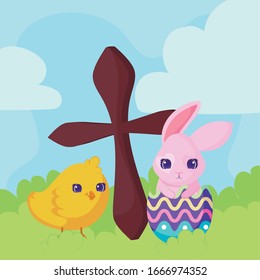 happy easter design with catholic cross, cute chicken and rabbit over landscape background, colorful design, vector illustration