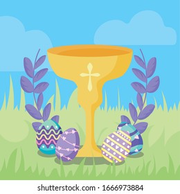 happy easter design of communion wine glass, decorative wreath and easter eggs over landscape background, colorful design, vector illustration