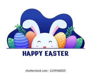 Feliz Diseño de Pascua con conejito y colorido huevo de Pascua. Se puede usar para tarjetas de felicitación, postales, web, impresión, animación, medios sociales, etc