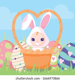 happy easter design of cute rabbit on basket and easter eggs around over landscape background, colorful design, vector illustration