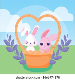 happy easter design with cute rabbits in a basket and decorative wreath over landscape background, colorful design, vector illustration
