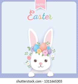 Happy easter design with  cuterabbit decroated for eggs and flowers on head.