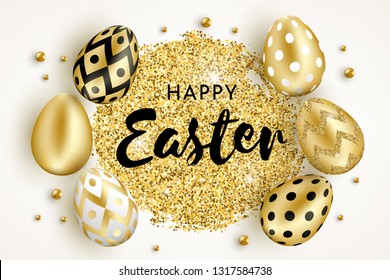 Happy Easter design decorated with glitter, gold beads and realistic shine golden eggs on white background. Vector illustration use for greeting card, ad, promotion, poster, flyer, web-banner