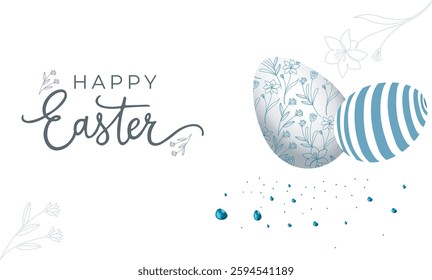 Happy Easter. Happy Easter design with Easter eggs, floral, decorative eggs, festive holiday, modern Easter, spring celebration, holiday card.