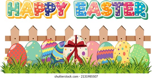 Happy Easter design with eggs in garden illustration