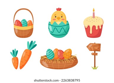 Elemento de diseño feliz de Pascua con canasta de huevos, pollo de bebé incubado, pastel, zanahoria y señal de dirección. El concepto de festival y fiesta cultural.