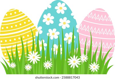 Happy Easter design element. Colored decorated printed eggs with daisies and green grass. Holiday vector illustration template.