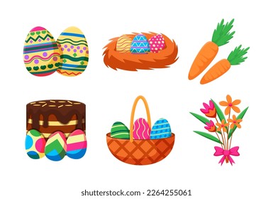 Un elemento de diseño feliz de Pascua con huevos, zanahoria, torta, canasta de huevos y flores. El concepto de festival y fiesta cultural.