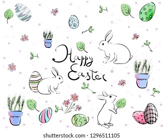 Happy Easter design elements set on blue background with letter Happy Easter