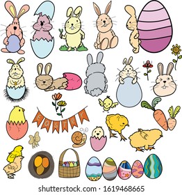Happy Easter design elements set. Easter set with cute bunnies, chickens, owls and eggs in cartoon style.