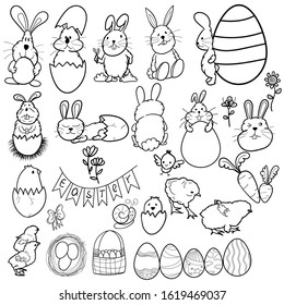 Happy Easter design elements set. Easter set with cute bunnies, chickens, owls and eggs in cartoon style.