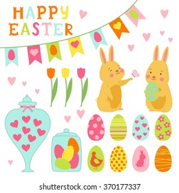 Happy Easter design elements set with cute bunny, glass jar, lettering. Happy Easter. Illustration for design card of the Easter, scrapbook or party