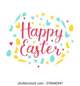 Happy Easter design elements set with cute bunny, eggs, chicken, lettering. Cute, trendy design elements for different decor.  Lettering sing - happy easter.