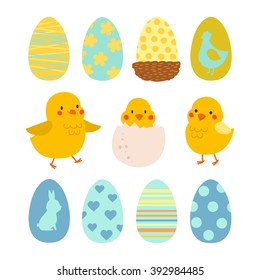 Happy Easter design elements set with cute chicks and eggs. Illustration for design card of the Easter, scrapbook or party. Eggs with ornaments. Set of vector illustration of chicken. Isolated 