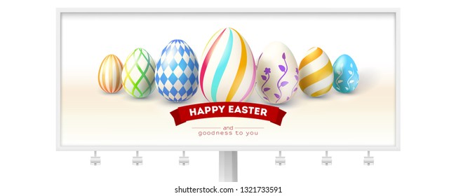 Happy Easter design of festive billboard with greetings. Hand painted easter eggs and design of text on red ribbon. Realistic vector illustration for Easter holidays isolated on white background.