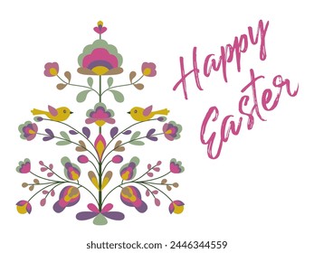 Happy Easter design with flowers and birds on tree of life. Blooming life tree, small birds, spring blossom. Ethnic style floral zoomorphic ornament. Abstract spring blossom on sprout. Easter plant